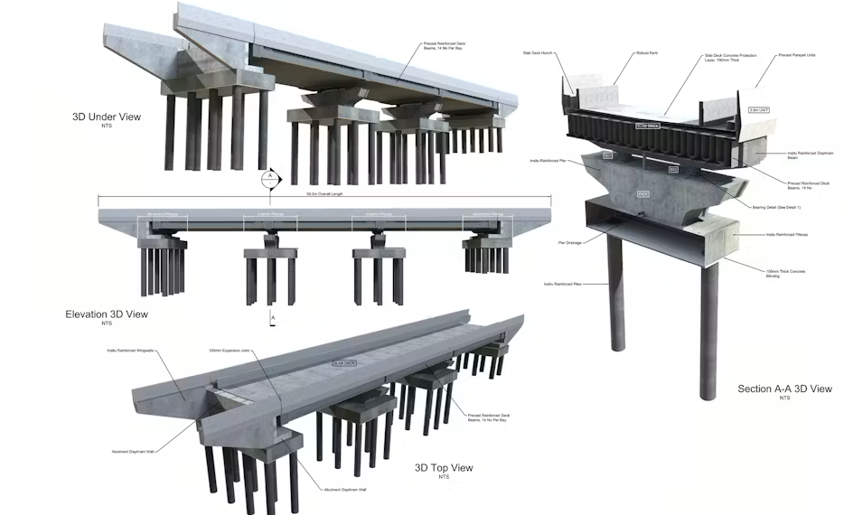 Detailed 3D technical illustration of a bridge structure for the High Speed Two project, displaying under, top, and sectional views, with labeled components including piers, girders, and beams.