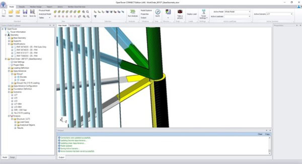 Screenshot of the 3D engineering software interface showing a detailed structural model with various colored elements, accompanied by menus, toolbars, and a project management pane featuring OpenTower for enhanced Mount Analysis.