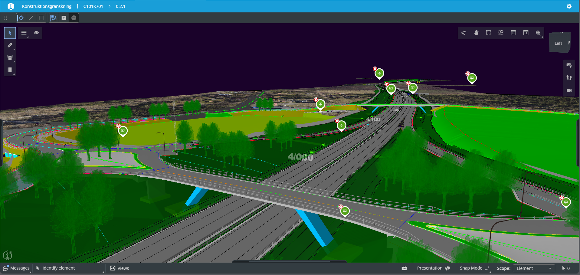 A 3D digital model of a highway interchange is displayed on a computer screen, showcasing SYSTRA's innovative design for roadway expansion. Various roads, overpasses, and surrounding green areas are vivid, with small markers and numbers strategically placed to enhance traffic safety.