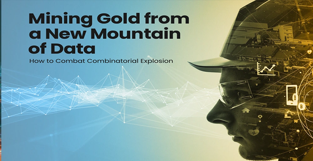 Profilo di una persona che indossa un casco con grafica digitale e testo: "Mining Gold from a New Mountain of Data Services: How to Combat Combinatorial Explosion."