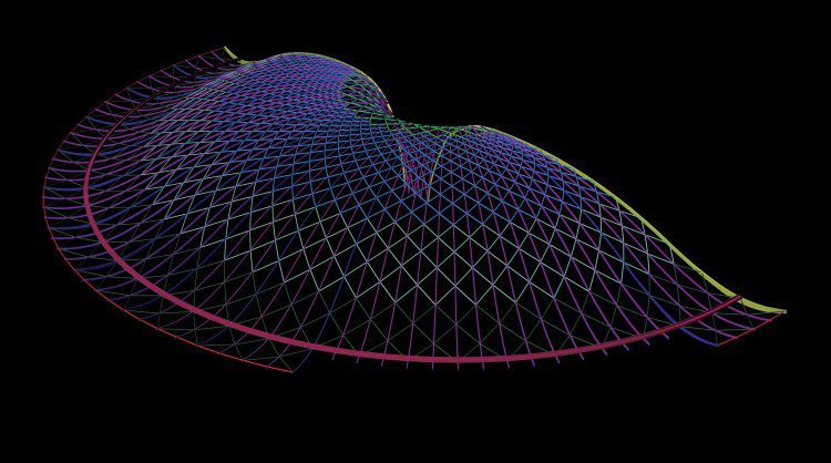 A colorful, geometric 3D surface plot on a black background, resembling a curved, undulating mesh grid, reminiscent of the innovative designs by John McAslan + Partners for King's Cross Station.