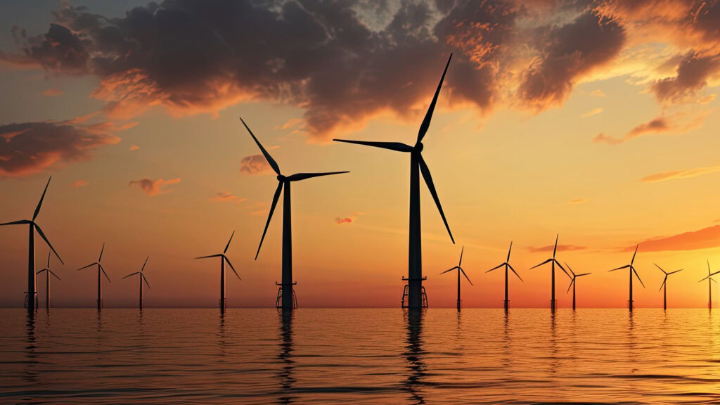 A serene offshore wind farm at sunset, with turbines silhouetted against an orange and gold sky, reflecting on the calm ocean waters.