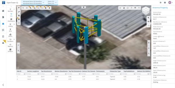 OpenTower iQ displaying a 3D model of an antenna tower on a satellite map background with detailed property data listed on the right and structural information shown below.