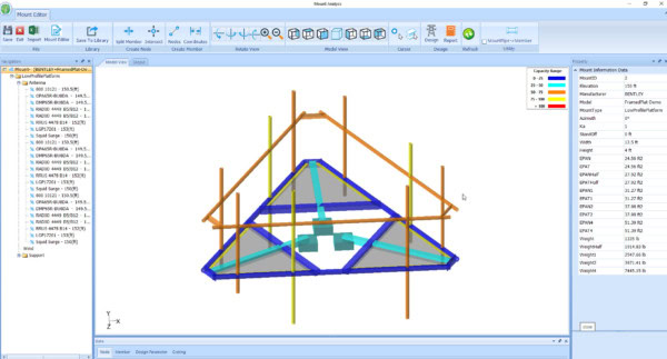 A computer screen displaying OpenTower structural analysis software with a 3D model of a roof truss design and various analytical data on the interface.