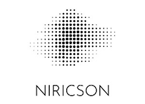 A dotted geometric design with varying sizes above the text "NIRICSON." Black dots on a white background.