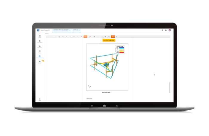 A laptop screen displays a 3D structural analysis diagram with colored lines, showing stress distribution in a framework.