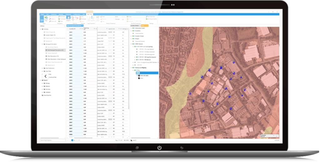 Ein Laptop-Bildschirm, auf dem die OpenGround-Anwendung mit einer Karte und einer Datentabelle angezeigt wird. Die Karte zeigt markierte Standorte und verschiedene schattierte Bereiche, was auf die Analyse geografischer Daten hindeutet, die für Geotechnik-Projekte von entscheidender Bedeutung sind.