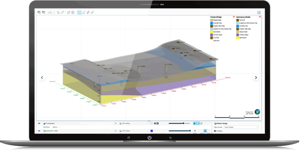 Ein Laptop-Bildschirm, auf dem ein topografisches 3D-Modell mit verschiedenen geologischen Schichten und einer farbcodierten Legende angezeigt wird, ideal zum Verständnis der Bodenmechanik und der Prinzipien der Geotechnik.