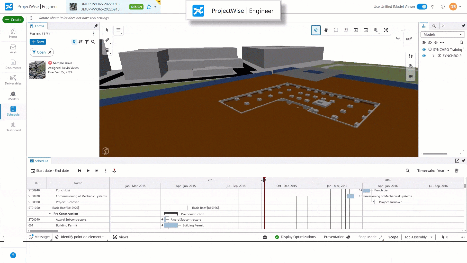 A computer screen displays a 3D construction model and a project timeline in ProjectWise Engineer software, streamlining infrastructure project delivery.