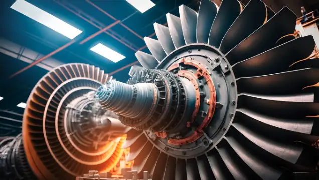 Close-up of large industrial turbines in a factory setting, showcasing intricate metal components and blades, reflecting the precision required for advisory services.