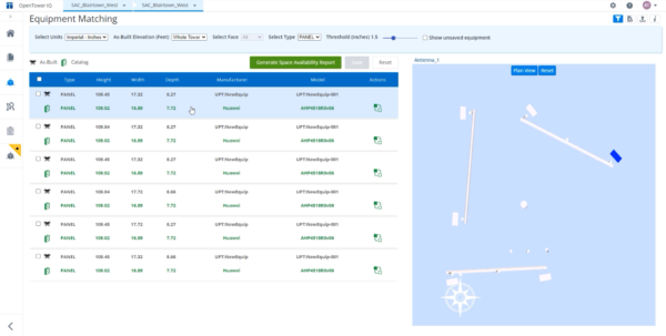 Screenshot of OpenTower iQ displaying equipment matching data including type, height, width, depth, manufacturer, model, and status. A map is shown on the right side of the screen.