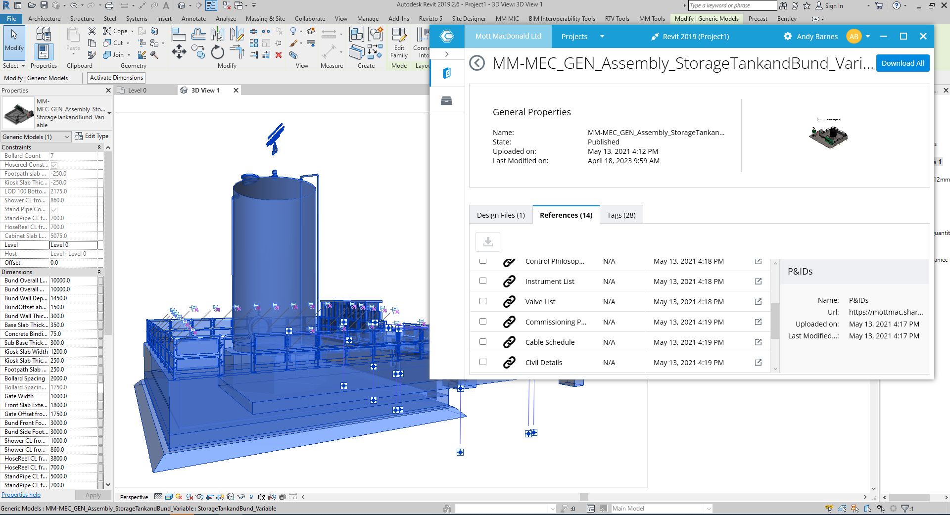 Screenshot of a 3D modeling software displaying a storage tank assembly with a design properties window open, showing project details and design references. Multiple data tabs are visible, highlighting considerations for carbon emissions and material reuse in the project.