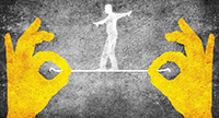 A silhouette of a person balances on a tightrope, embodying risk allocation, held by two large yellow hands in an "okay" gesture against a textured gray background.