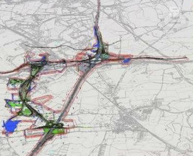 A topographic map displaying roads, green and blue marked areas, varying land use patterns, and an advanced simulation model for Bridge Installation near M42 Junction 6.