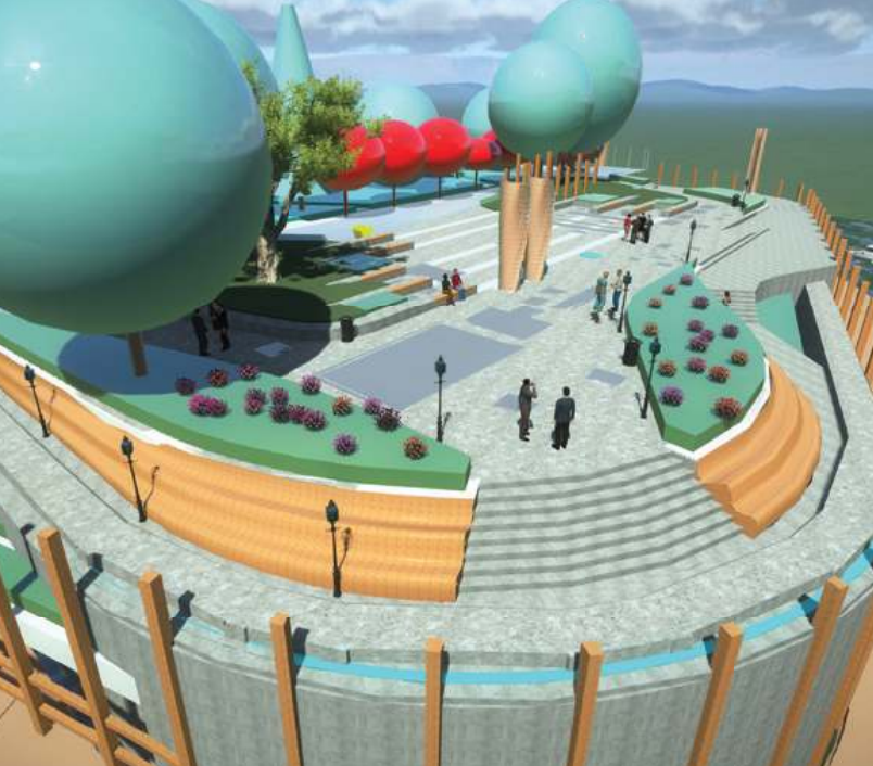 Aerial view of a modern park with large trees, colorful spheres, pathways, benches, and several people walking or sitting. The design was influenced by the East Tideway Tunnel project delivery by Mott MacDonald.