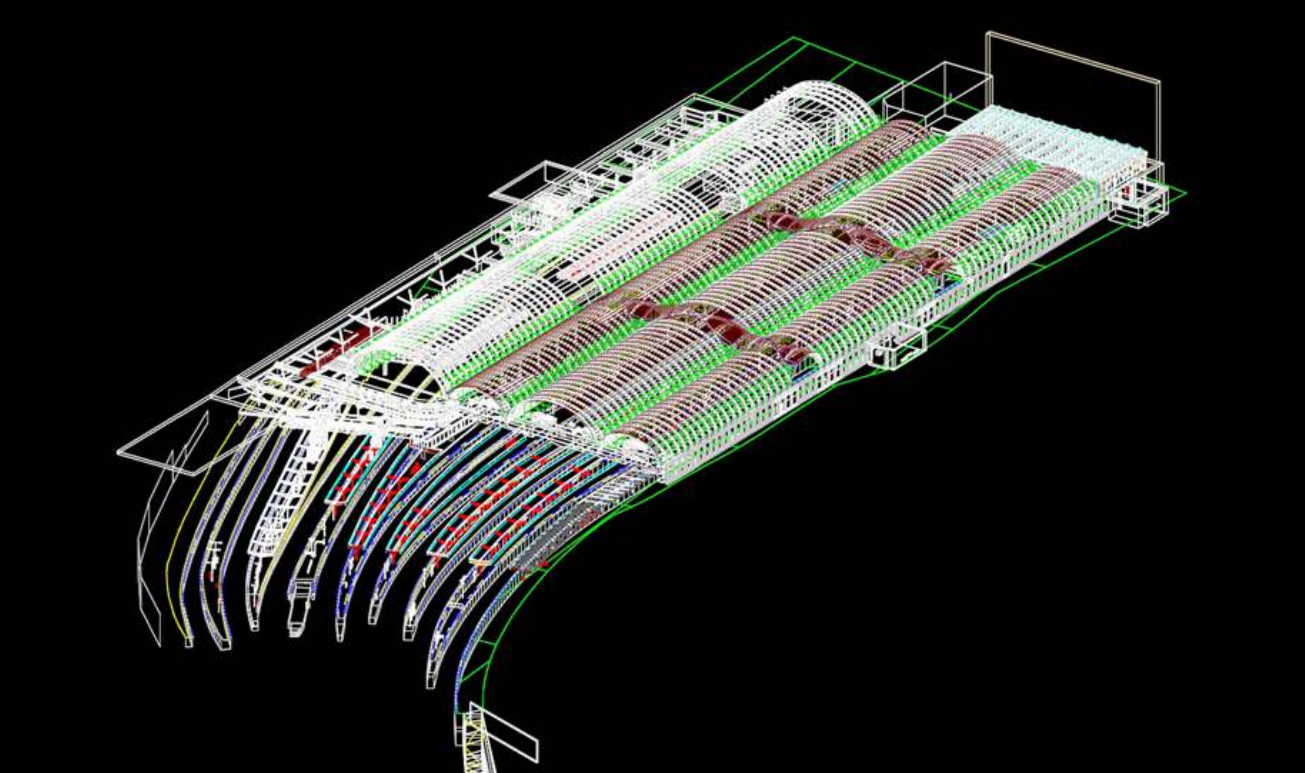 A schematic rendering of an electronic or mechanical system featuring arrays of interconnected components and wiring, set against a black background, highlights the intricate auto draft process.