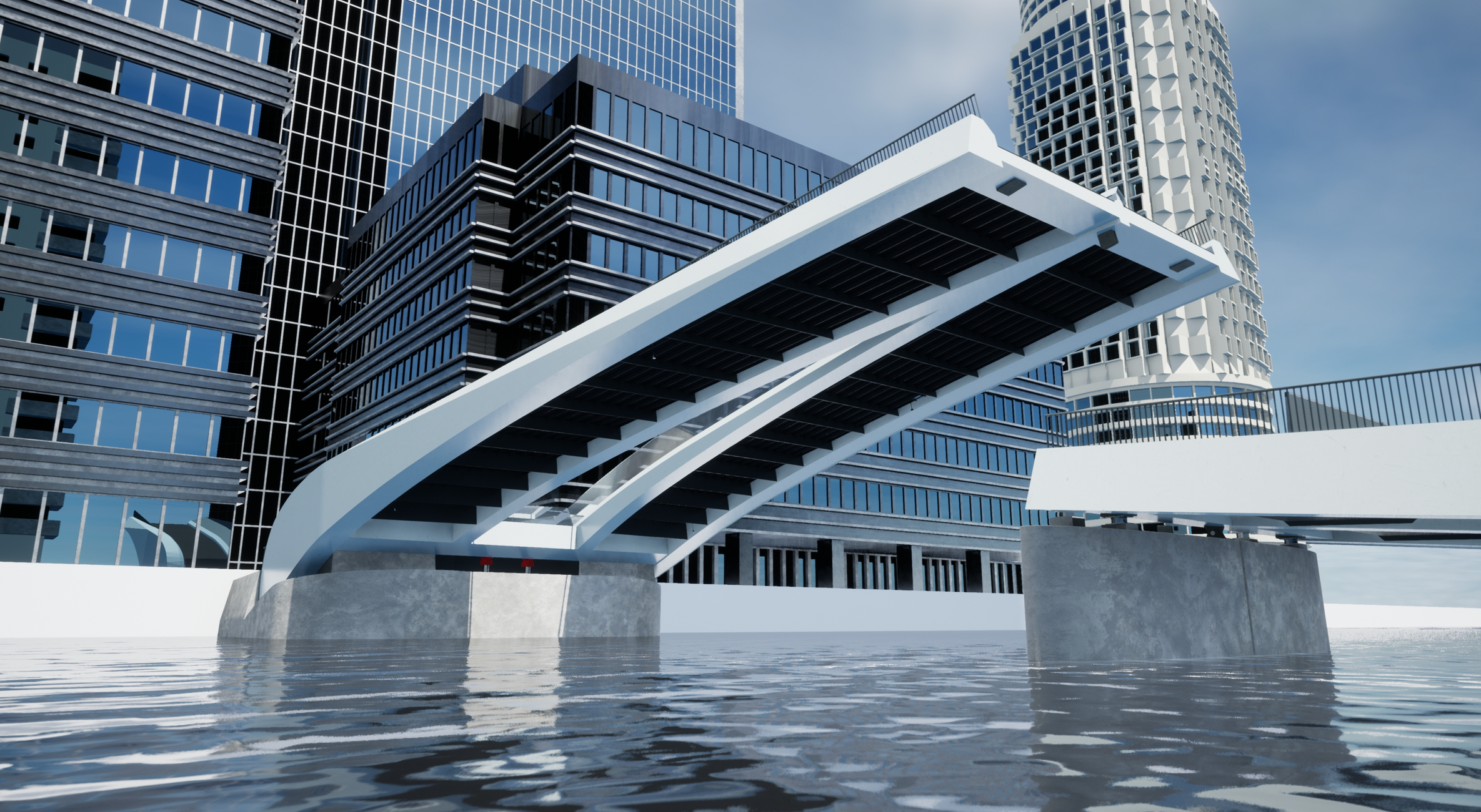 A modern drawbridge is shown in the raised position, against the backdrop of tall, glass-covered buildings on a sunny day. Utilizing digital modeling by Arcadis, the water is visible beneath this engineering marvel.