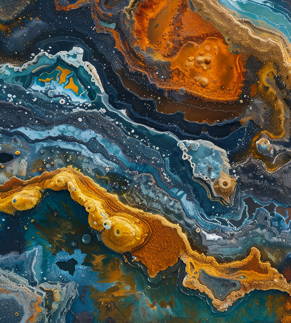 Abstract image featuring swirling patterns of orange, blue, and aqua layers resembling a geological or cosmic landscape.