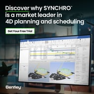 A computer monitor displays a SYNCHRO 4D Pro software interface for 4D planning and scheduling. A headline at the top reads, "Discover why SYNCHRO is a market leader in 4D planning and scheduling." Start your journey with a 2-Week Free Trial today!