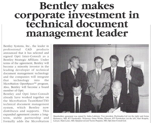 Newspaper clipping with headline "Bentley makes corporate investment in technical document management leader." Article discusses Bentley Systems' investment in Opti Inter-Consult. Group photo included.