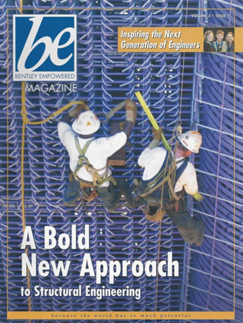 Two construction workers in safety gear work on a metal structure, featured on the cover of "bentley empowered" magazine, with the headline "A Bold New Approach to Structural Engineering.