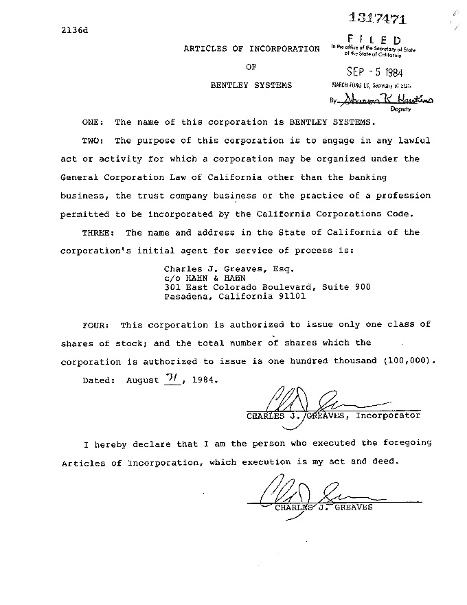 Black and white document titled "Articles of Incorporation of Bentley Systems," detailing corporation's name, purpose, office location, authorized stock shares, and includes signatures and notary stamps.