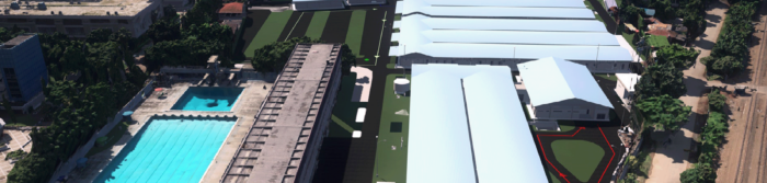 Aerial view Modular Hospital complex with multiple buildings and surrounding greenery modeled by Building WorkSuite