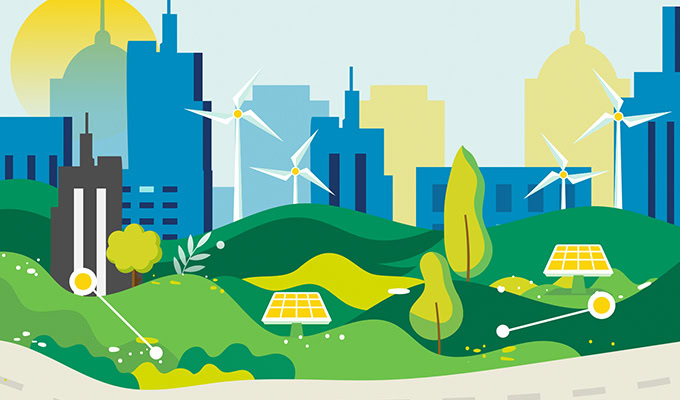 An illustration of a sustainable cityscape with solar panels and wind turbines gracing the green hills, all under a sunny sky, capturing the essence of environmental action.