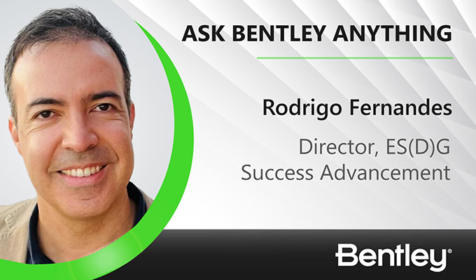 A man smiling in a promotional image for "Ask Bentley Anything," featuring Rodrigo Fernandes, Director of ES(D)G Success Advancement, shares insights with the Bentley logo.