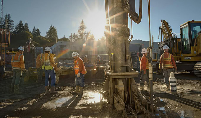 Construction workers in safety gear take action, operating machinery at a construction site with the sun shining in the background, embodying a commitment to sustainability.