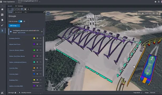 Computer screen displaying 3D modeling software with a bridge design over a landscape. Multiple design elements and groups are visible in the interface.