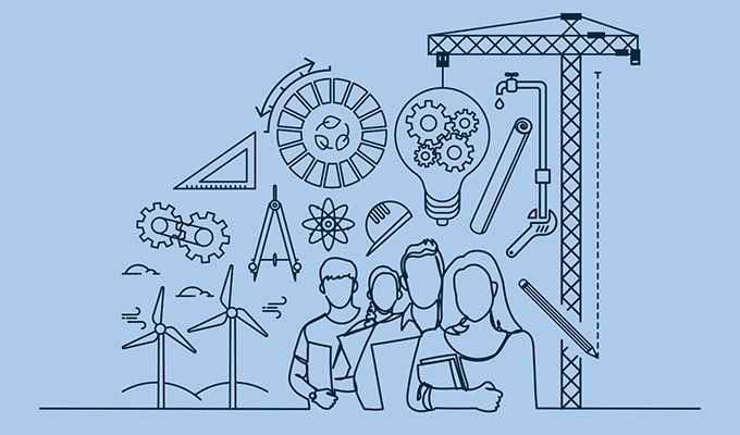 Illustration of engineers with blueprints, gears, wind turbines, and a crane, symbolizing engineering and sustainability in renewable energy concepts.