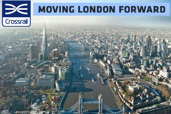 Aerial view of central London with the River Thames, Tower Bridge, and the Shard visible. The image features the Crossrail logo and the slogan "Moving London Forward.