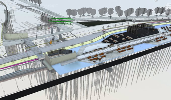 A digital 3D model of a complex civil engineering project showcases underground infrastructure, pathways, and support structures with trees in the background, highlighting the action-driven commitment to sustainability in urban development.