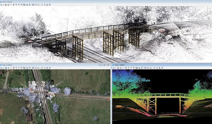 The 3D modeling software interface showcases a sustainable bridge design over railway tracks. The upper section details its structure, while the lower left offers an aerial view, and the lower right provides a color-coded elevation map to support informed decision-making.