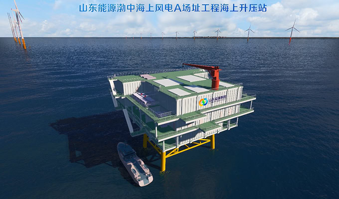 The offshore wind power substation, equipped with a crane, embodies sustainability in action, as it stands proudly amidst the sea. Wind turbines spin in the background while a small boat navigates nearby, highlighting the harmonious blend of nature and technology.