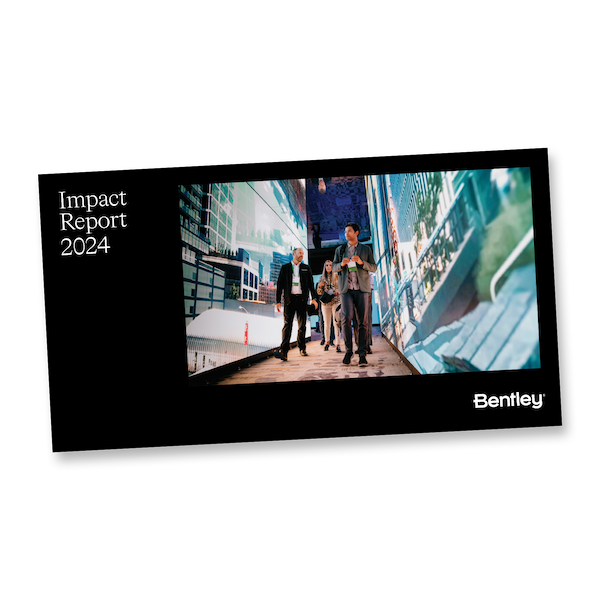 A group of people walk through an immersive digital cityscape display. The text reads "Impact Report 2024" and "Bentley" on a black background.