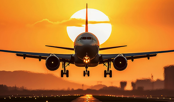 airplane landing on runway at sunset with the sun in the background