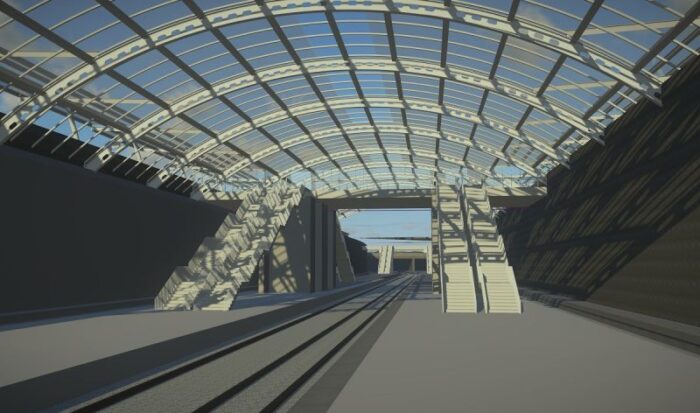 A 3d model of a train station with a glass roof.
