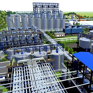 Industrial plant with numerous large storage tanks, interconnected pipelines, and various structures showcasing advanced plant design. Trees and greenery are visible in the background.