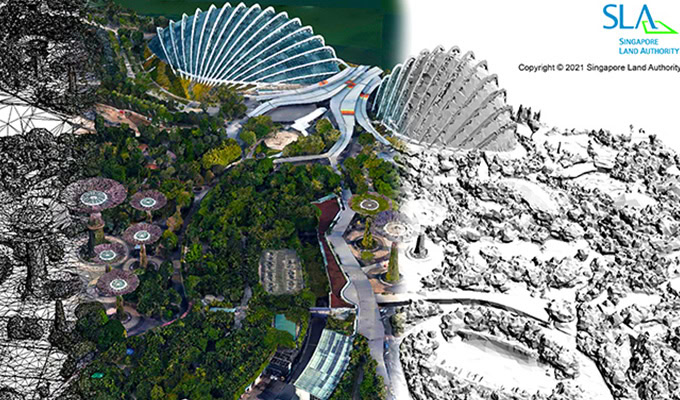 Uma imagem de visão dividida mostrando um desenho CAD do Gardens by the Bay à esquerda e uma renderização detalhada à direita, com as Supertrees e o Flower Dome. O logotipo da Singapore Land Authority no canto superior direito.