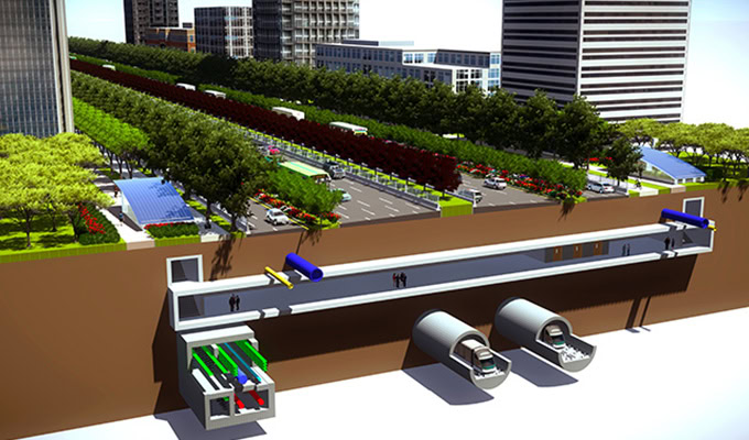 Una vista transversal de un área urbana que muestra un detallado sistema de túneles subterráneos debajo de un espacio verde con árboles y carreteras de varios carriles a nivel de la calle.