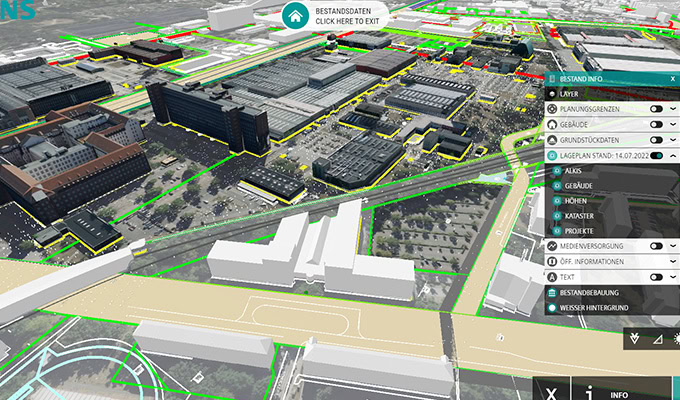 Rendu 3D d'une zone urbaine avec plusieurs bâtiments, routes et espaces verts, superposé avec des points de données et des barres d'outils à des fins de cartographie interactive.