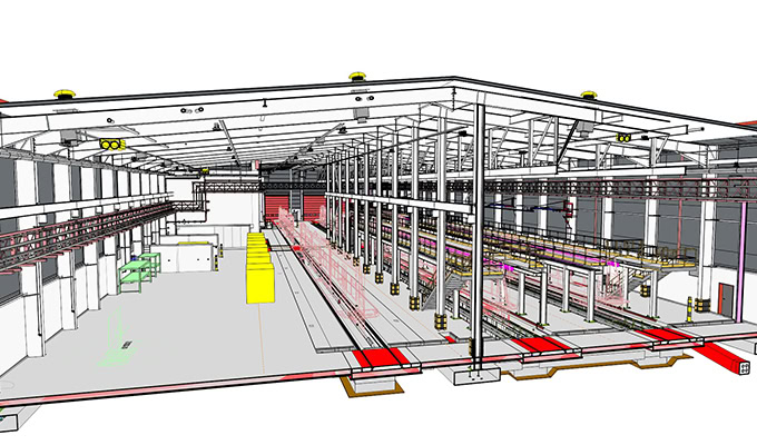 Ein 3D-Rendering eines Entwurfs für ein industrielles Lagerhaus mit großen Freiflächen, tragenden Balken und verschiedenen Geräteanordnungen, darunter gelbe und grüne Geräte.