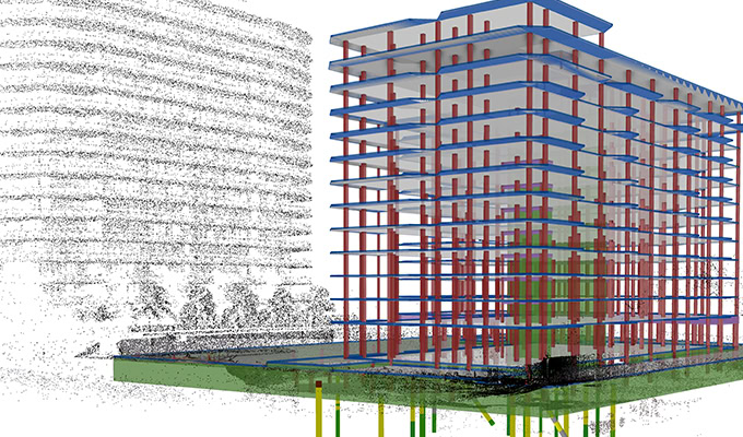 Cyfrowy model 3D wielopiętrowego budynku w budowie z widocznymi elementami konstrukcyjnymi, obok przezroczystego modelu tej samej konstrukcji w formie chmury punktów.