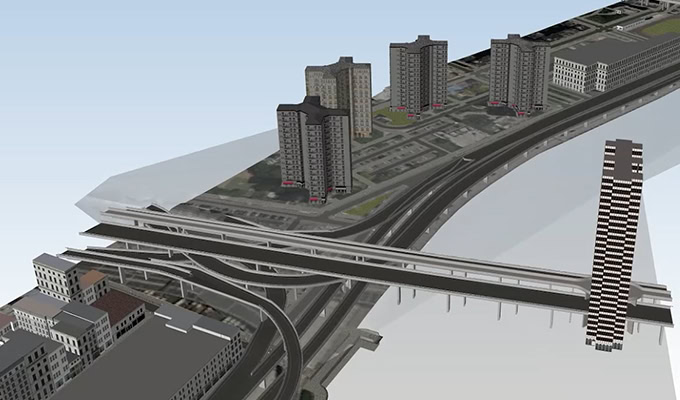 Modèle 3D d'une zone urbaine comprenant plusieurs grands immeubles et un réseau complexe d'autoroutes et de bretelles d'accès surélevées.