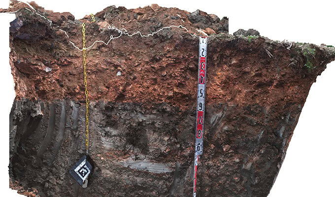 Uma seção transversal vertical do solo com várias camadas visíveis. Uma fita métrica e uma ferramenta de nivelamento são colocadas contra o solo para indicar profundidade e estratificação.