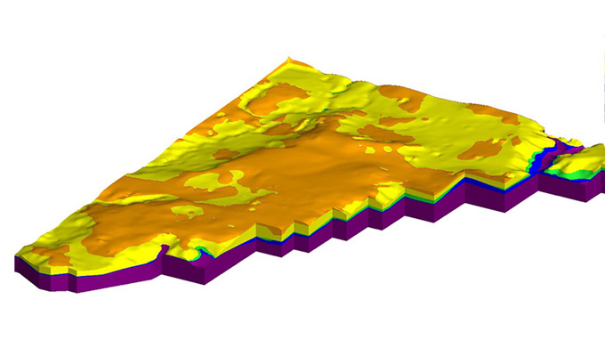 A 3D topographic map displaying varying elevations in yellow, orange, and purple. The map has jagged edges and a mixture of smooth and rough terrain.