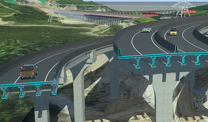 A 3D model depicts cars driving on an elevated highway with a clear sky and green landscape in the background. A large electric power line tower is visible on the left side of the image.