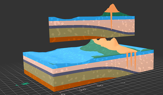 A 3D model illustrating geological layers with the top layer lifted to show inner strata. Features include mountains, water bodies, and sediment layers in varying colors and thickness.